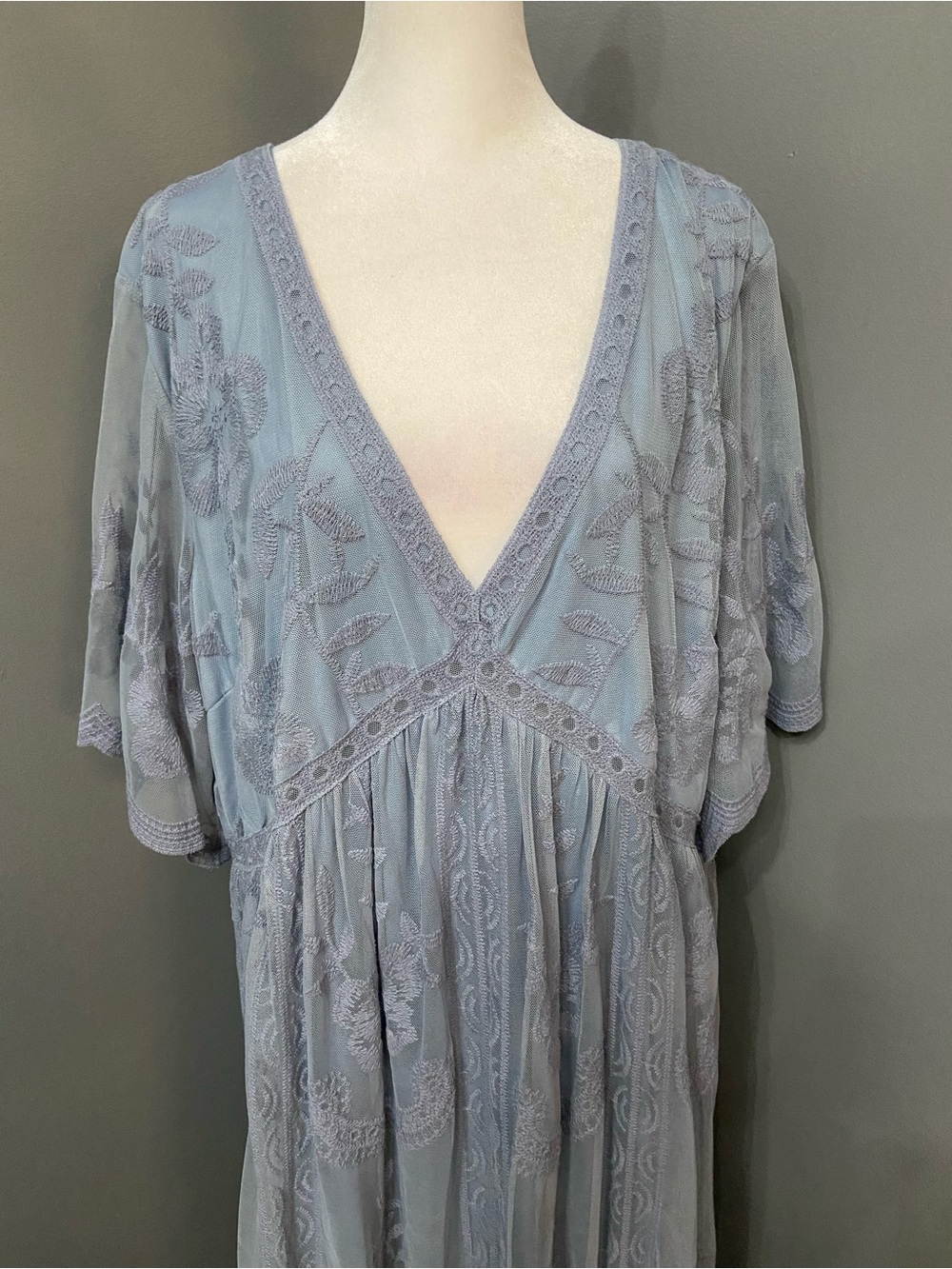 PINKBLUSH Light Blue Mesh/Lace Overlay Maternity Maxi Dress 3X Deep V-Neck Gown - Picture 6 of 17